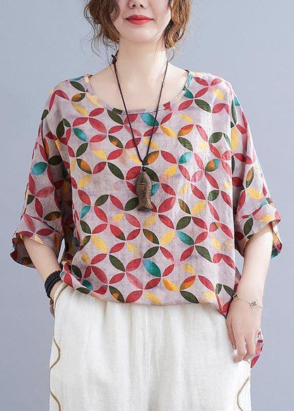 Red Print Half Sleeve Cotton Linen Summer Shirt