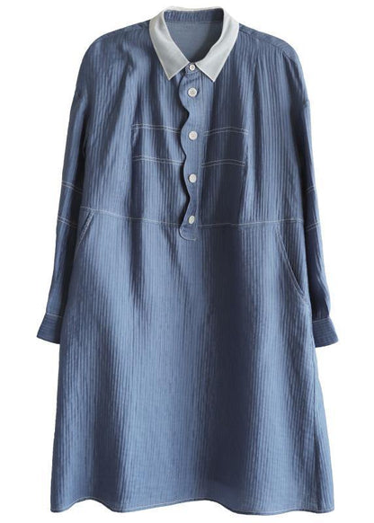 French Blue Long Sleeve Patchwork Button Dress Spring