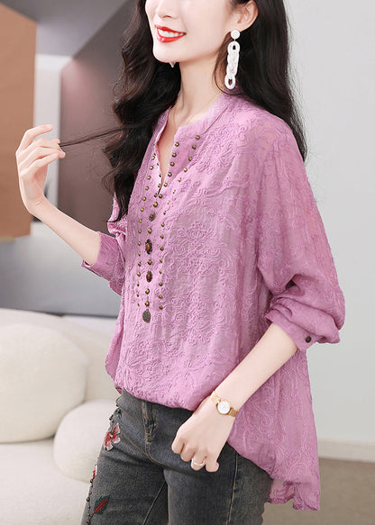 Purple Embroidered Nail Bead Cotton Shirts Long Sleeve