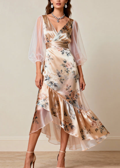 V Neck Print Tulle Patchwork Silk Dresses Sleeveless