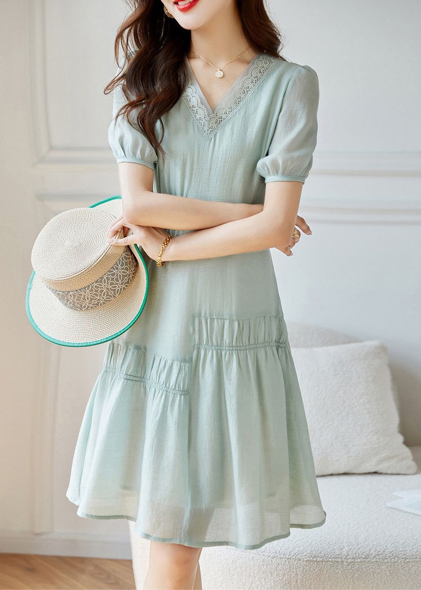 Light Green Wrinkled Patchwork Cotton Dresses Summer