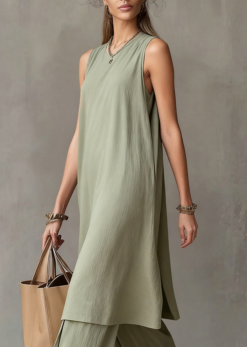 Simple Green O-neck Tank Dress and Wide Leg Pants Cotton Two Piece Set Sleeveless