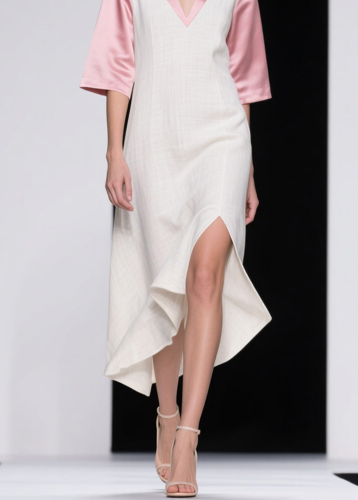Colorblock Asymmetrical Patchwork Linen Silk Dresses Summer