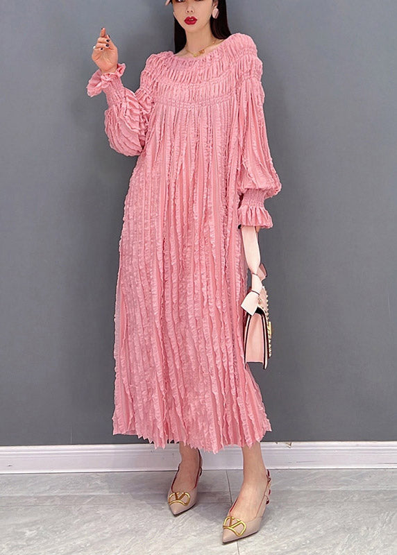 Pink Long Dresses Slash Neck Wrinkled Long Sleeve