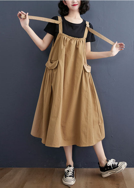 Khaki Oversized Pockets Cotton Strap a Line Dress Summer