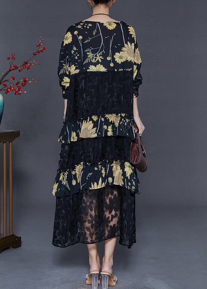 Black Print Patchwork Lace Vacation Dresses Fall