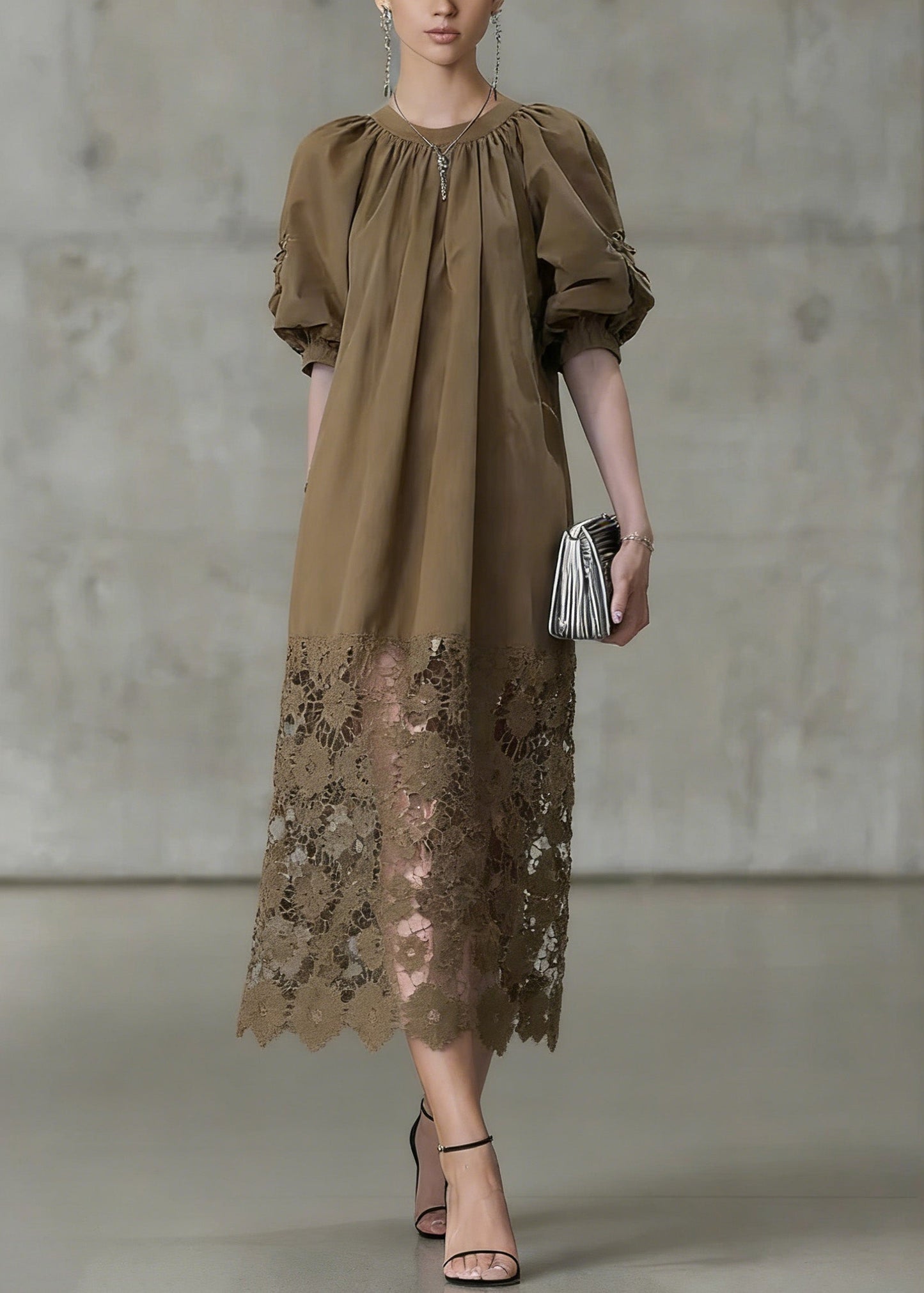 Light Coffee Puff Sleeve Lace Patchwork Cotton Long Dress Summer