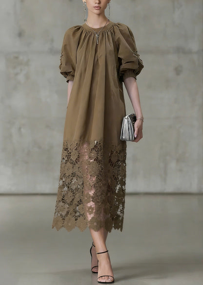 Light Coffee Puff Sleeve Lace Patchwork Cotton Long Dress Summer