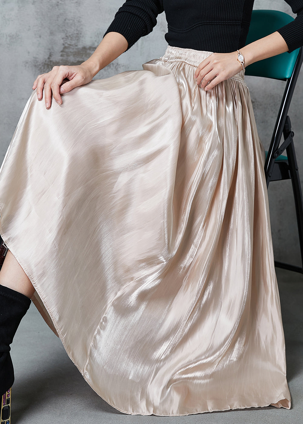 Apricot Draping Silk a Line Skirt Elastic Waist Spring