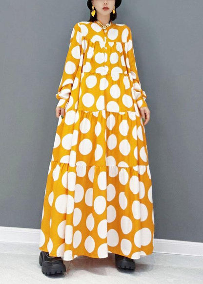Yellow Button Print Fall Long Sleeve Holiday Dress