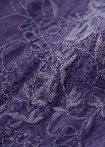 Dark Purple Embroidered Tie Waist Linen Maxi Dress Spring