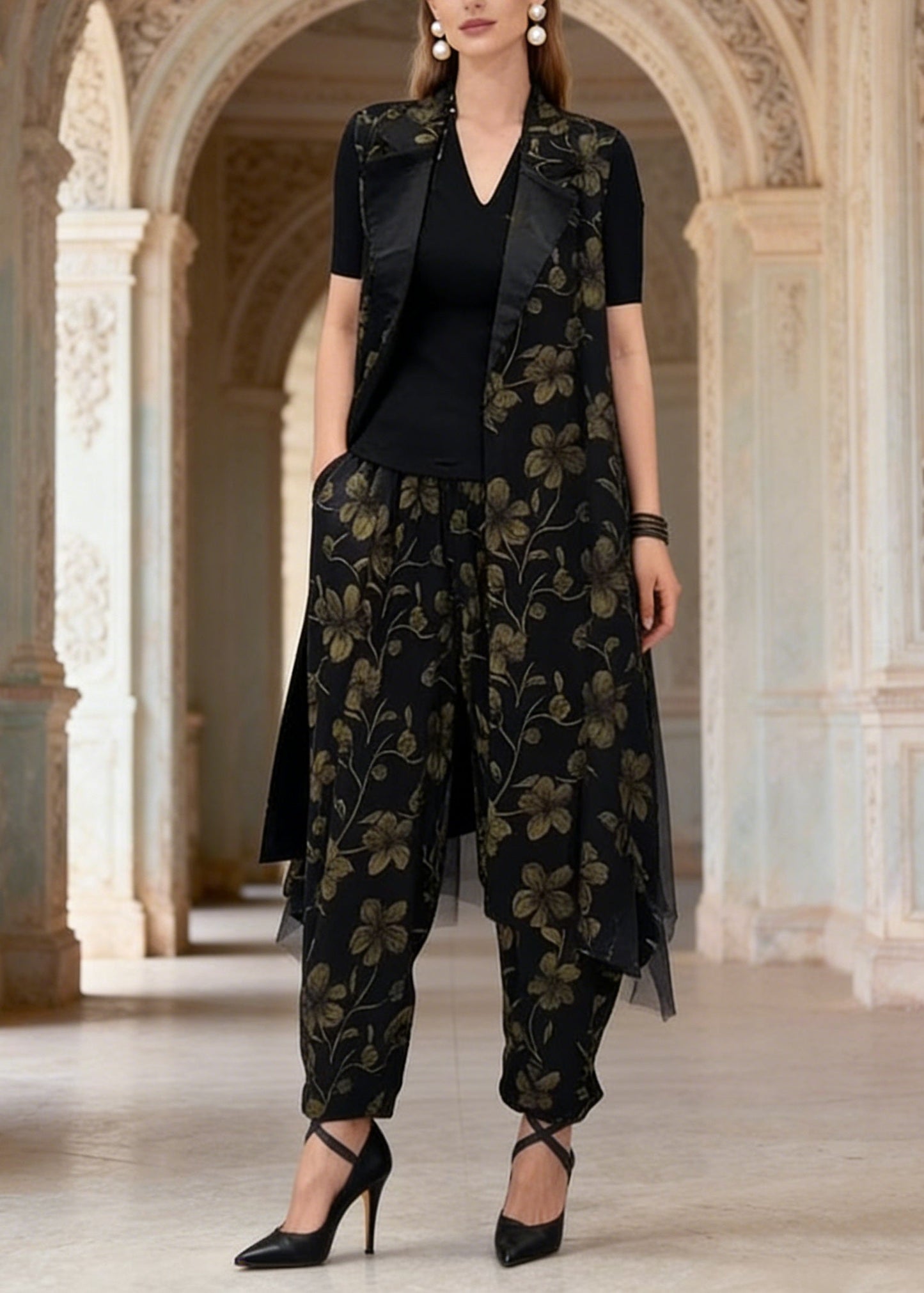 New Black Vest and Pants Jacquard Silk Two Pieces Set Summer