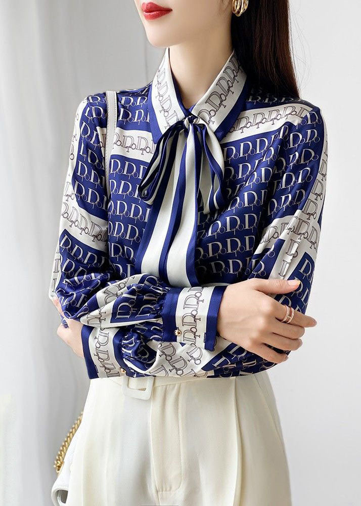 Blue Bow Print Wrinkled Silk Blouse Tops Spring