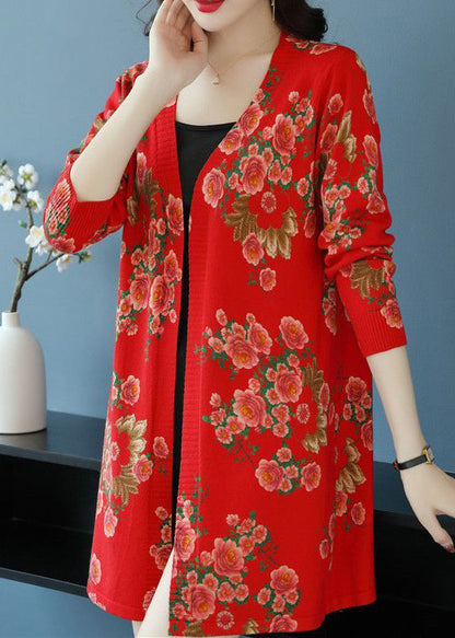 Red V Neck Print Wool Knit Cardigan Long Sleeve