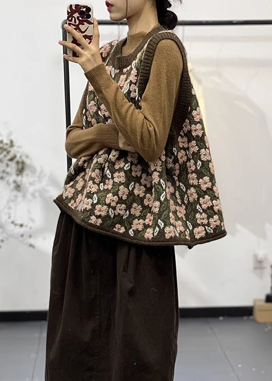 Coffee O-neck Jacquard Loose Knit Vest Spring