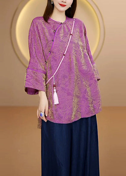 Boutique Coffee O Neck Button Patchwork Silk Tops Fall