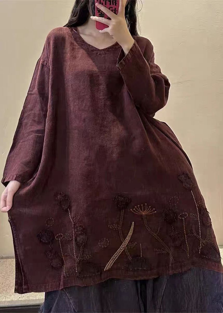 Black Text V Neck Embroidered Patchwork Linen Mid Dresses Fall