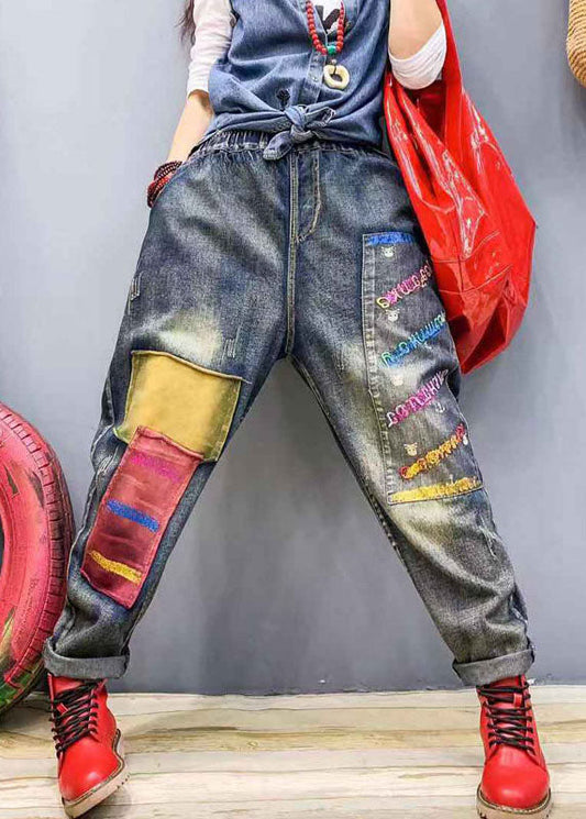 Blue Patch Applique Denim Harem Pants