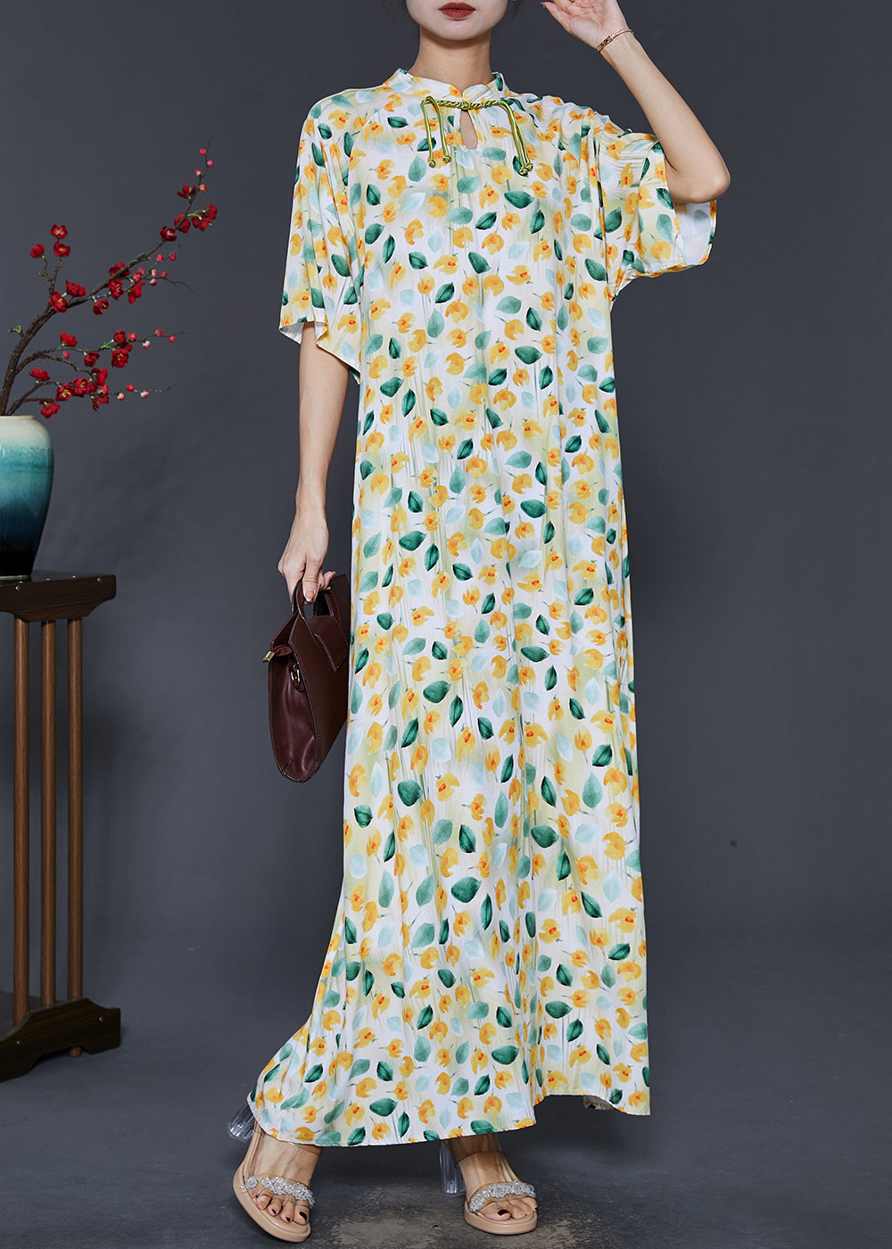 Apricot Tasseled Print Cotton Dress Summer