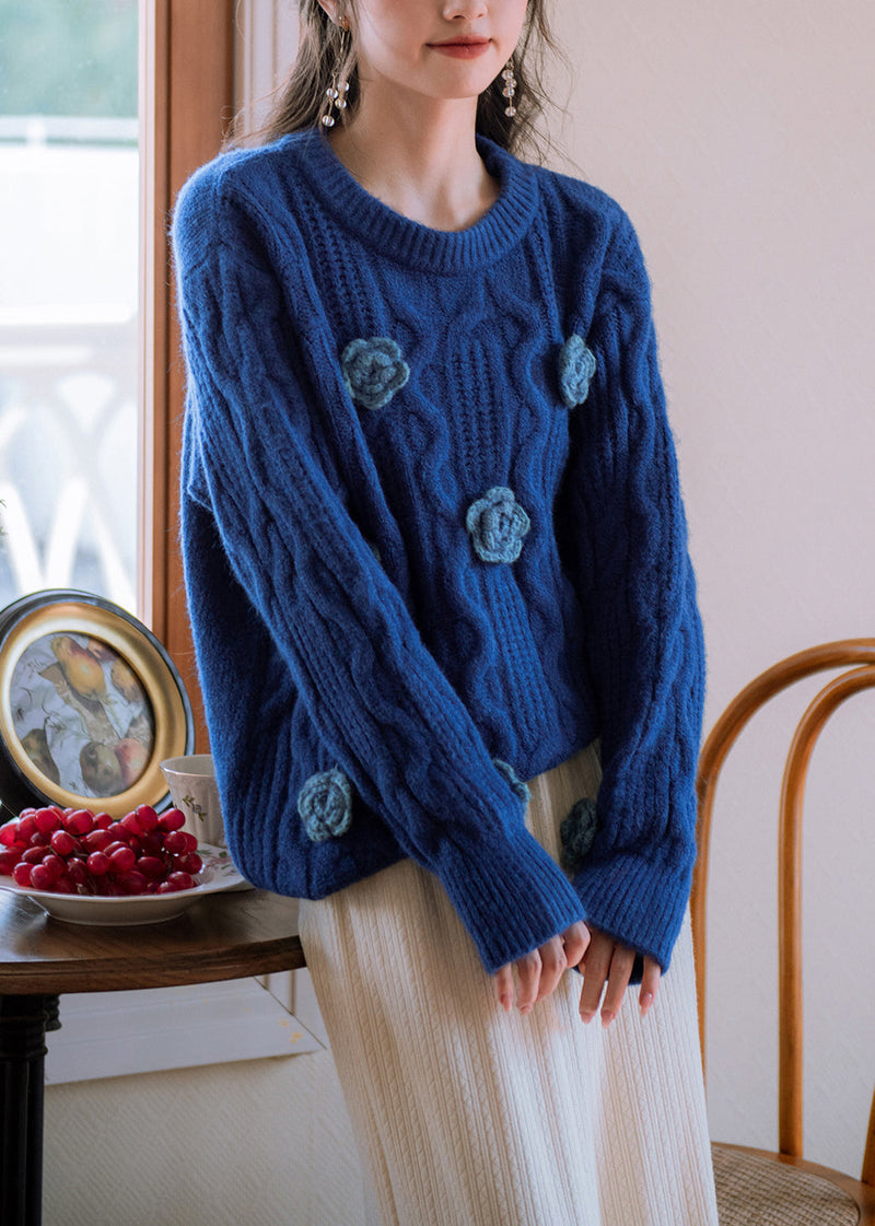 Original Blue O Neck Cozy Knit Sweater Winter