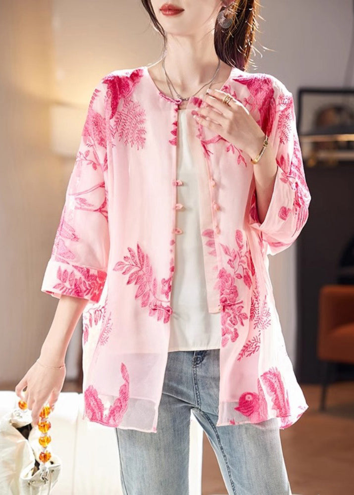 French Pink O-neck Print Silk Shirt Bracelet Sleeve