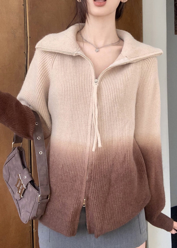 Grey Gradient Zip Up Patchwork Knit Jacket Winter