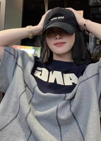 Grey O Neck Graphic Patchwork Cotton T Shirts Summer