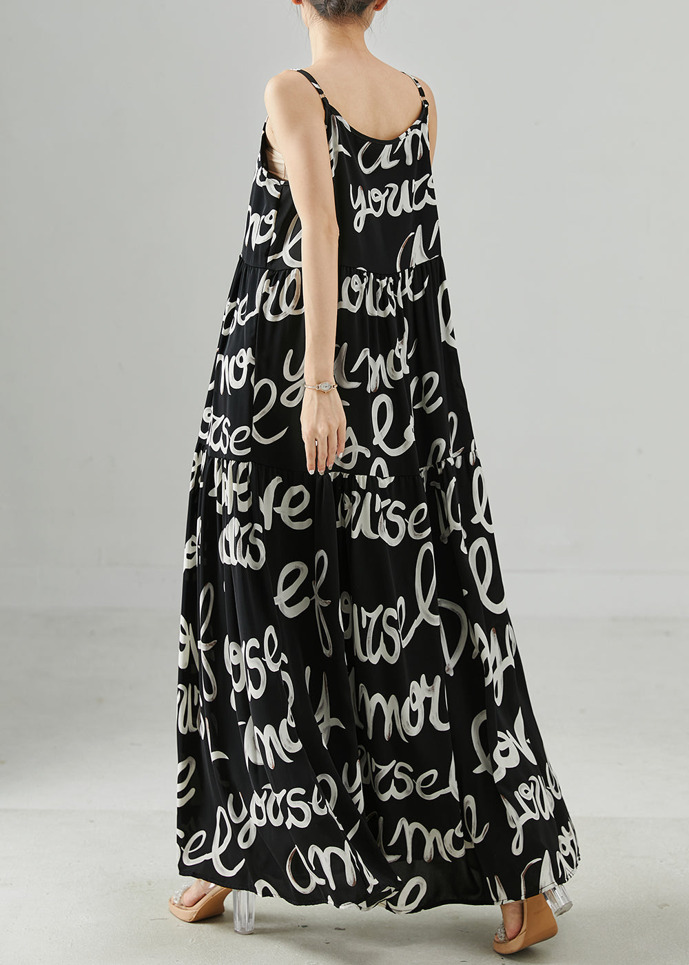 Black Letter Print Chiffon Spaghetti Strap Dress Summer