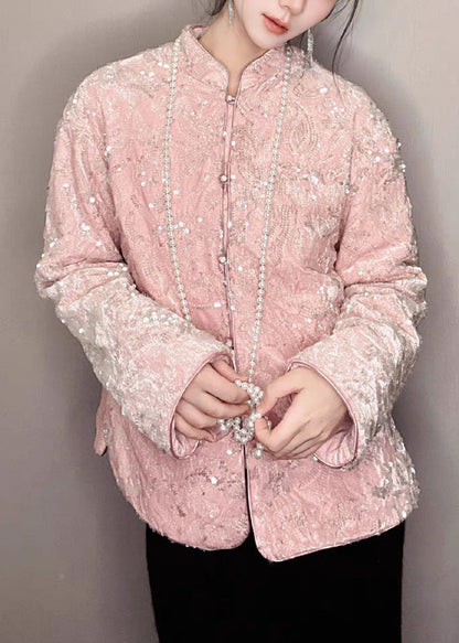 Pink Sequins Button Silk Velvet Coats Long Sleeve
