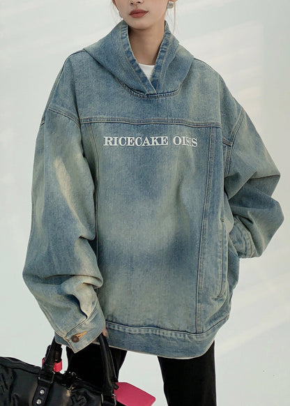 Denim Blue Patchwork Embroidered Hooded Coat Fall