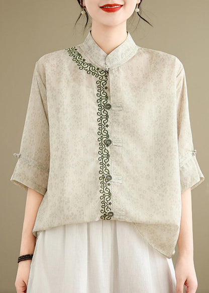 Chinese Style Stand Collar Jacquard Embroidered Cotton Top Summer