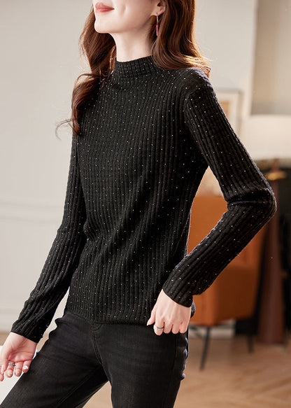 Handmade Black Turtleneck Zircon Knit Sweater Spring