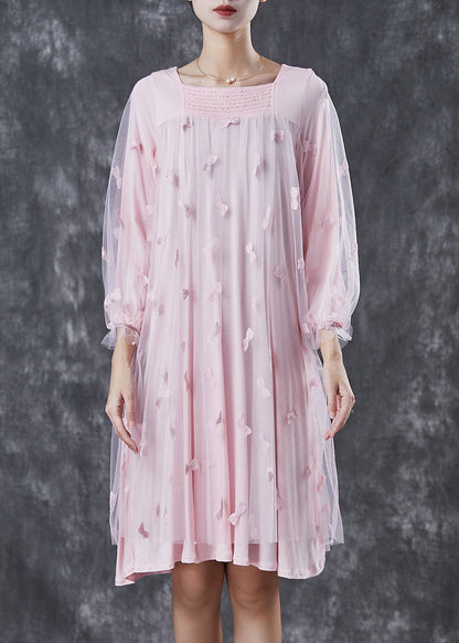 Pink Bow Square Collar Tulle Maxi Dresses Spring