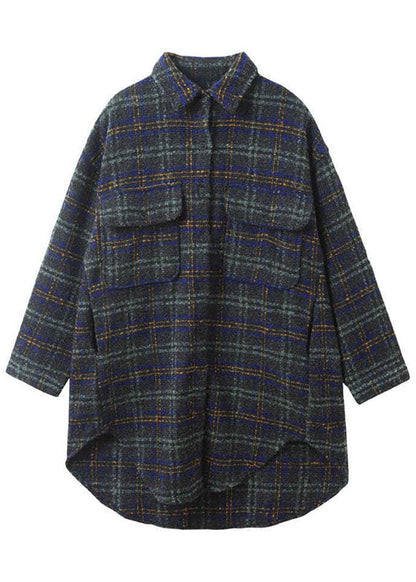 Blue Green Plaid Pockets Button Fall Thick Long Sleeve Coat