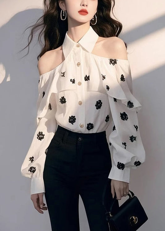 White Cold Shoulder Print Chiffon Shirt Fall