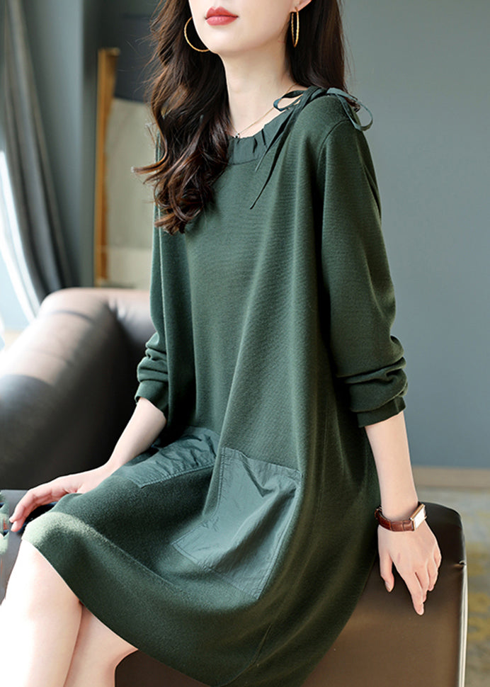 Blackish Green Oversized Drawstring Cotton Dress Spring
