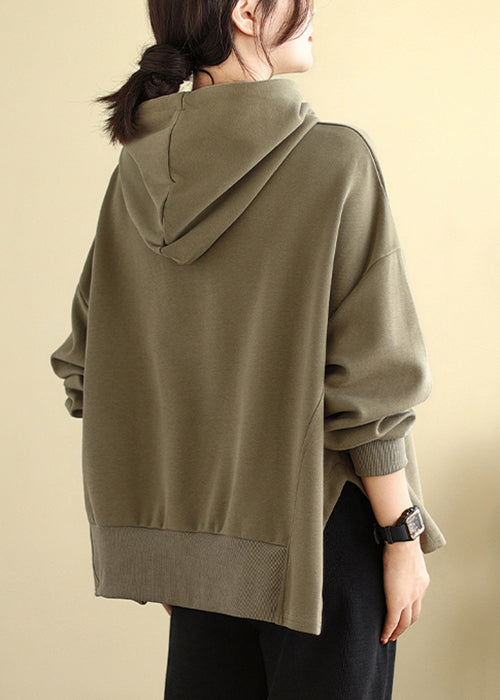 Brown Hooded Side Open Cotton Sweatshirts Fall