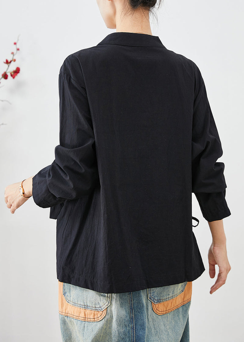 Black Lace Up Chinese Button Cotton Blouse Top Fall