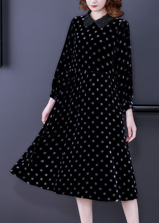 Black Peter Pan Collar Dot Velour Dresses Spring