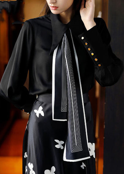 Retro Black Square Collar Button Silk Shirt Long Sleeve