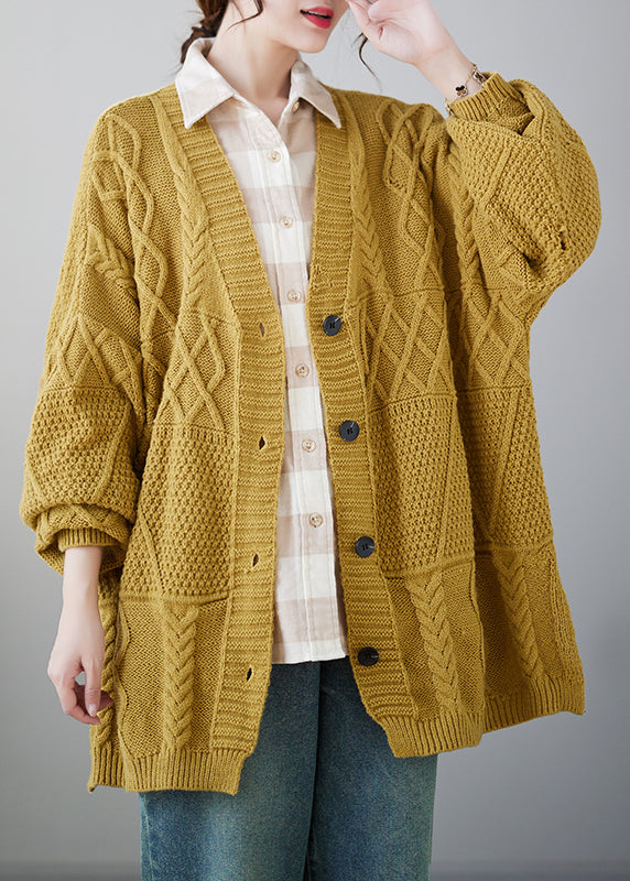 Yellow V Neck Button Knit Cardigans Coat Fall