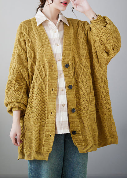 Yellow V Neck Button Knit Cardigans Coat Fall