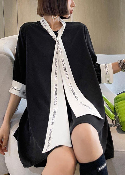 Black Patchwork Print Chiffon Button Blouse Tops