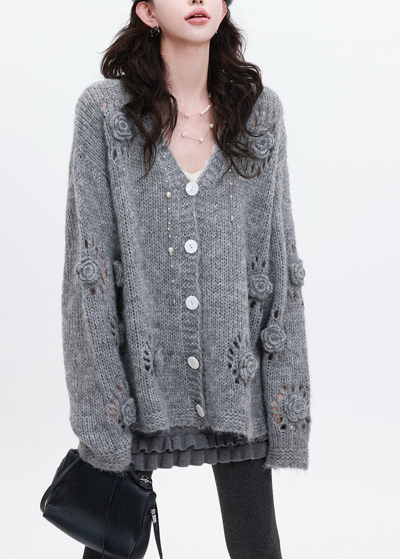 Grey Stereoscopic Knit Loose Coat Oversized Winter