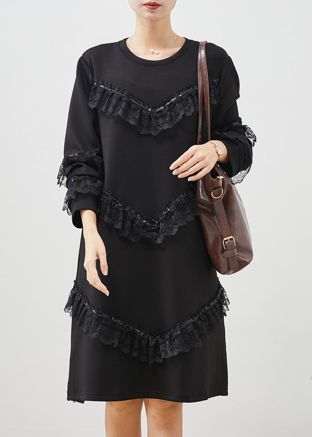 Black Ruffles Patchwork Cotton Sweatshirts Dress Spring