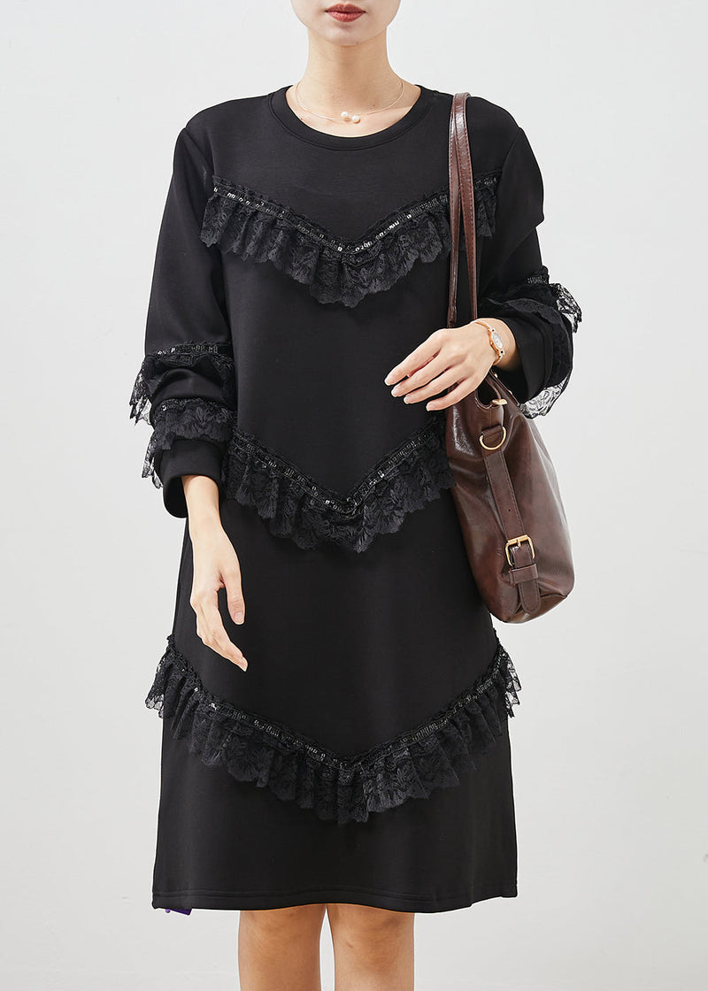 Black Ruffles Patchwork Cotton Sweatshirts Dress Spring