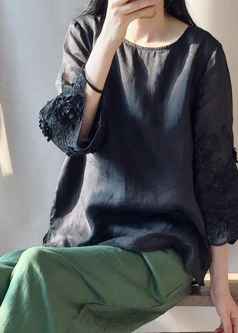Black Embroidery Tunics O Neck Clothing Tops