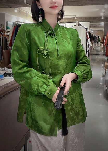 Chinese Style Green Stand Collar Side Open Jacquard Silk Top Long Sleeve