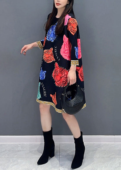 Black O Neck Print Cotton Mid Dress Spring