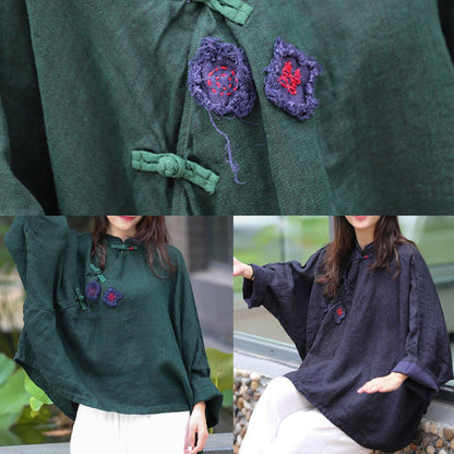 Stand Collar Batwing Sleeve Tunic Cotton Navy Shirts Spring